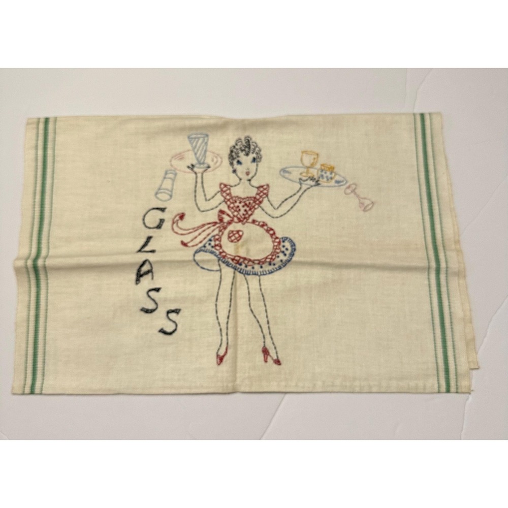 Vint 1950's Retro Hand Embroidered Linen Kitchen Towel Chores Cleaning Glasses